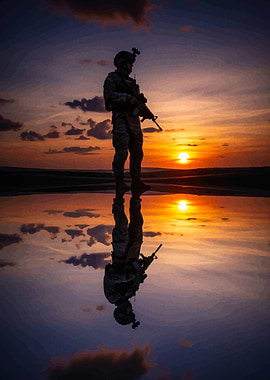 Soldier Silhouette Sunset Reflection