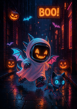 Cute Cyberpunk Dragon Ghost and Robot Cat