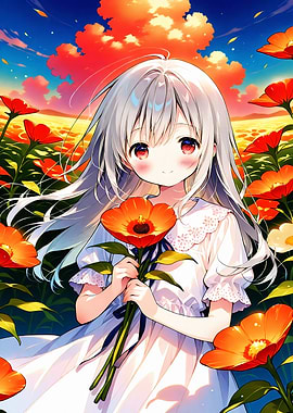 Anime Girl with Flowers in Field