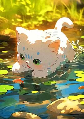 Cute Kitten in Pond with Fish