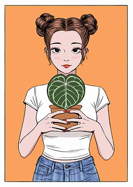 Girl Holding Potted Plant Illustration