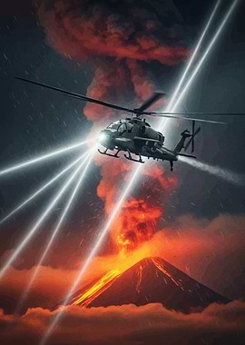 Helicopter over erupting volcano beams
