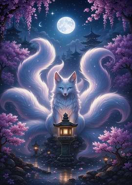 Nine-tailed Fox in Moonlight Garden