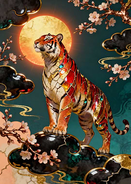 Ornate Tiger with Moon and Blossoms