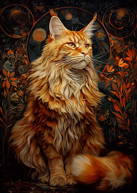 Majestic Red Tabby Maine Coon Cat Portrait with Floral Background