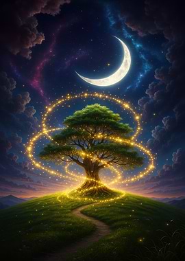 Magical Tree Under Crescent Moon