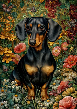 Dachshund in Floral Garden