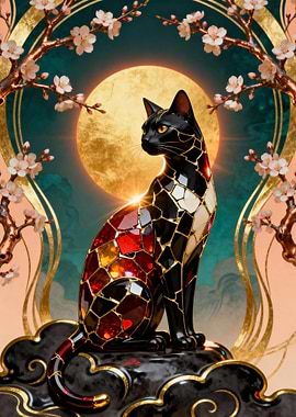 Mosaic Cat with Cherry Blossoms