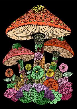 Psychedelic Mushroom Garden on Black Background