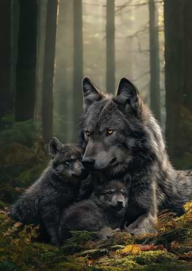 Wolf Family in Forest
