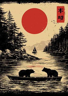 Bears in Boat with Japanese Sun