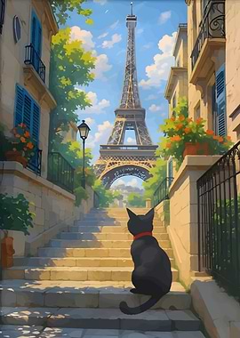 Cat in Paris with Eiffel Tower