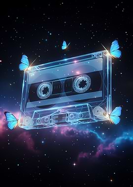 Cassette Tape with Butterflies in Space