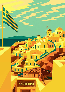 Santorini, Greece art deco retro Travel Poster