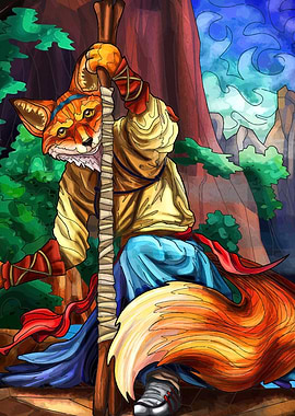 Fox Character with Staff in Forest