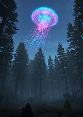 Glowing Jellyfish in Forest Night