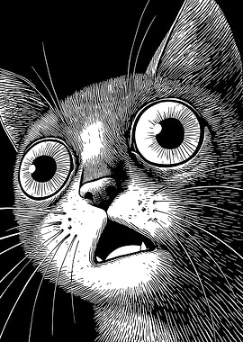 Surprised Cat Black and White Illustration