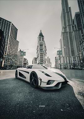 White Koenigsegg in Cityscape