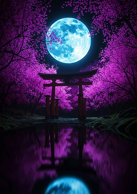 Torii Gate, Moon, and Cherry Blossoms