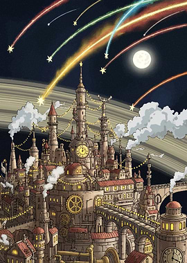 Steampunk Cityscape with Shooting Stars