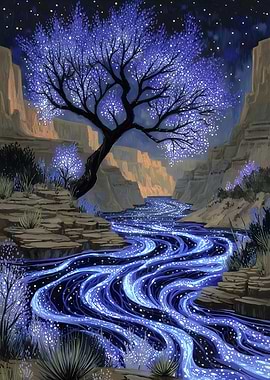 Glowing River Through Canyon Landscape Painting