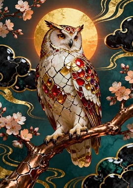 Jeweled Owl on Branch with Moon