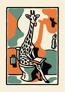 Giraffe Reading on Toilet Art