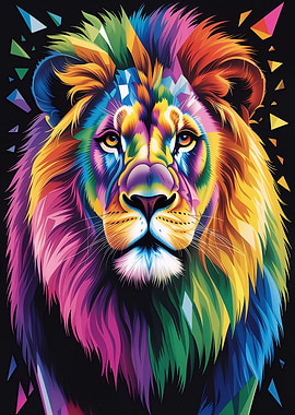 Colorful Lion Portrait on Black Background