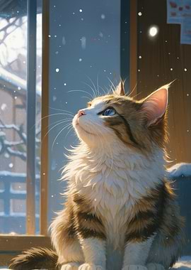 Cat gazing at falling snow