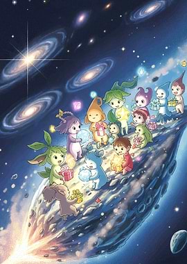 Fantasy Creatures in Space with Gifts