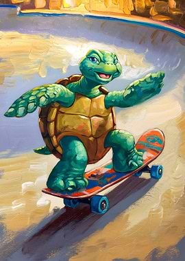 Turtle on Skateboard in Skatepark Painting