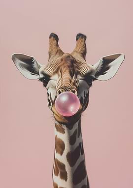Giraffe blowing pink bubble gum