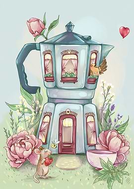 Whimsical Coffee Pot House Illustration