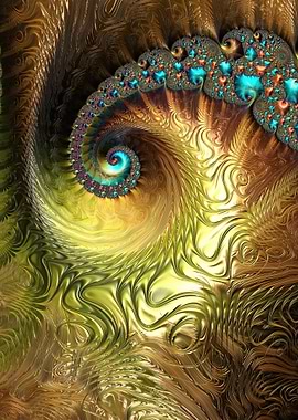 Turquoise Fractal Spiral with Golden Texture
