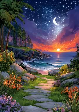 Coastal Path at Sunset and Moonlight