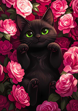 Black Cat Surrounded by Pink Roses