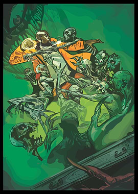 Man Fighting Zombies in Green Comic Art