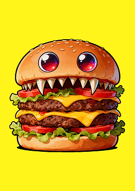Monster Burger Cartoon Illustration on Yellow