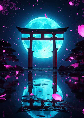 Japanese Torii Gate with Moon