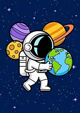 Cartoon Astronaut with Planets and Earth