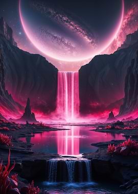 Pink Waterfall Planet Landscape
