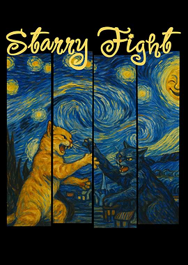 Starry Fight: Cats in Van Gogh Style