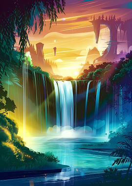 Fantasy Waterfall at Sunset Glow Landscape Digital Art