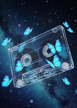 Cassette Tape with Blue Butterflies