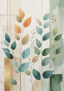 Watercolor Leaves with Geometric Background