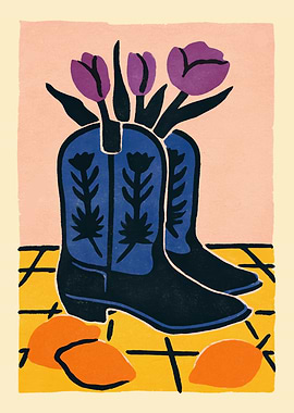 Cowboy Boots with Tulips Still Life