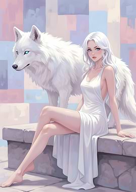 Anime Girl with White Wolf Companion