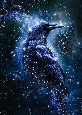 Cosmic Raven in Starry Night Sky