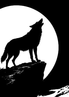 Wolf Howling at the Moon Silhouette