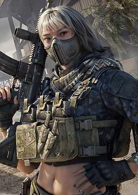 Female Soldier with Rifle and Mask